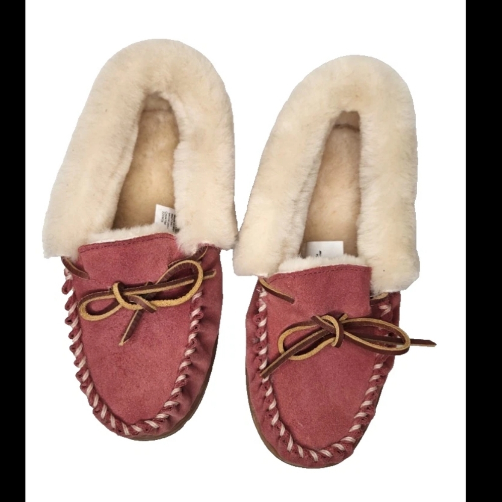 NEW LL Bean Wicked Good Slippers Moccasins Pink Leather Suede Real Lamb Fur 7M - Picture 2 of 11